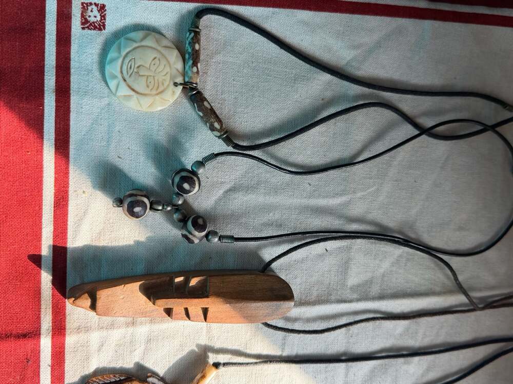 Lot of 5 Vintage Bone and Wood Tribal Pendant Necklaces